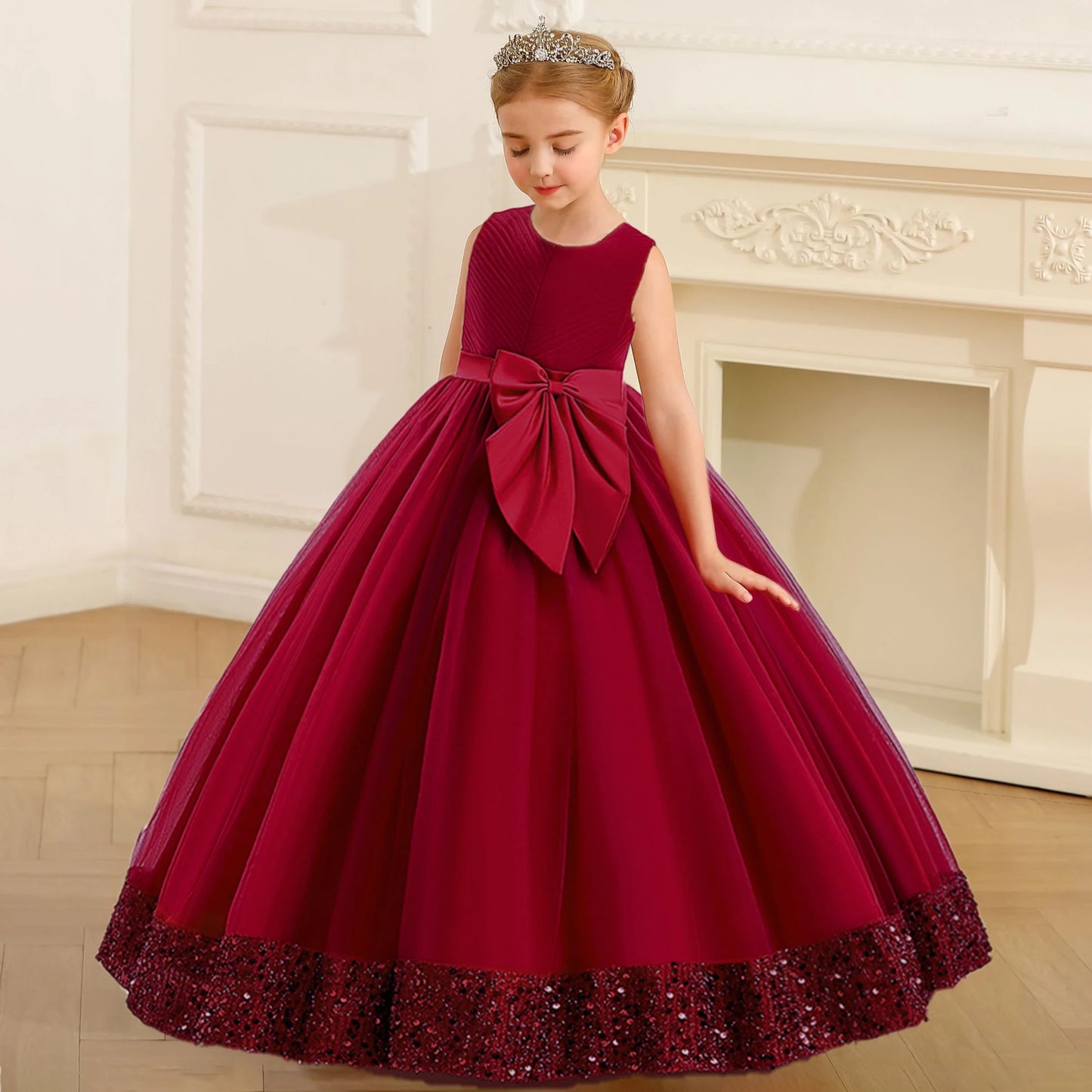 Fluffy Pailletten Brautjungfern Prinzessin Mädchenkleid Elegante Schleife Rosa Hochzeit Abschlussball Abend Kinder Partykleider für Mädchen Geburtstagskostüme