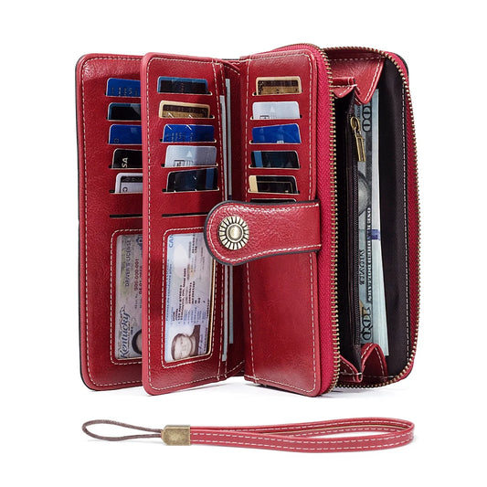 Rfid Anti-Theft Large Capacity Long Wallet Credit Card Holder Vintage Large Capacity Leather Clutch Solid Color Women's Wallet Multifunctional Zipper Wallet with Wrist Strap