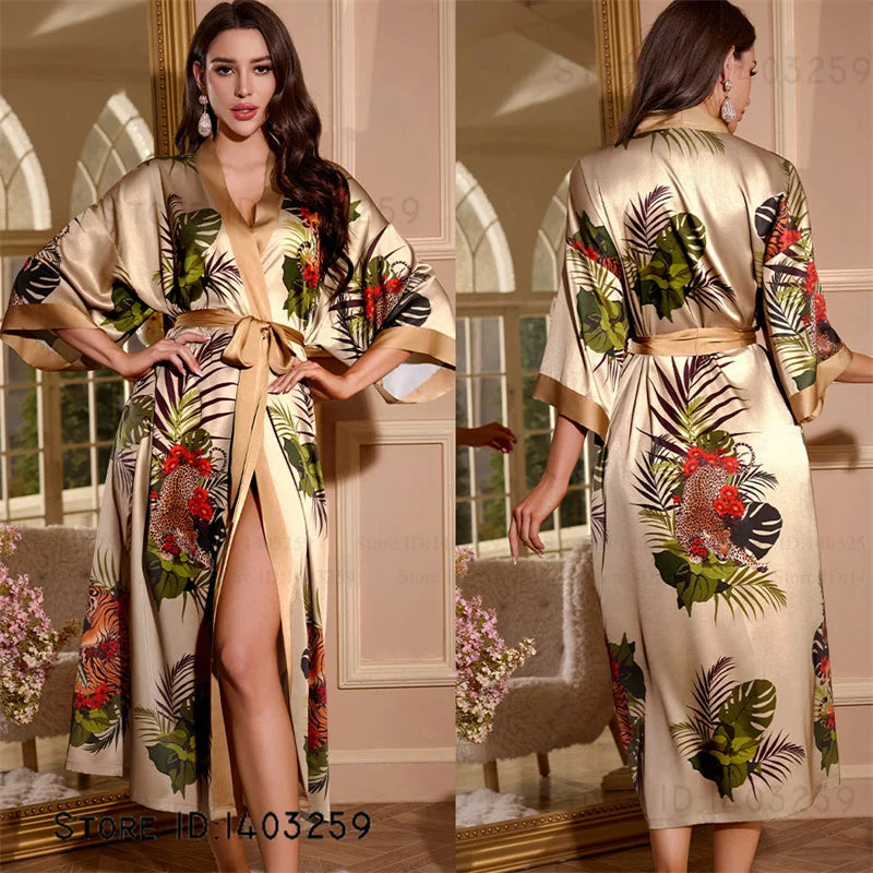 Großer Kimono Bademantel Blütenmuster Langer Morgenmantel Negligé Hauskleidung Frühling Sommer Neue Nachtwäsche Lose Pyjamas