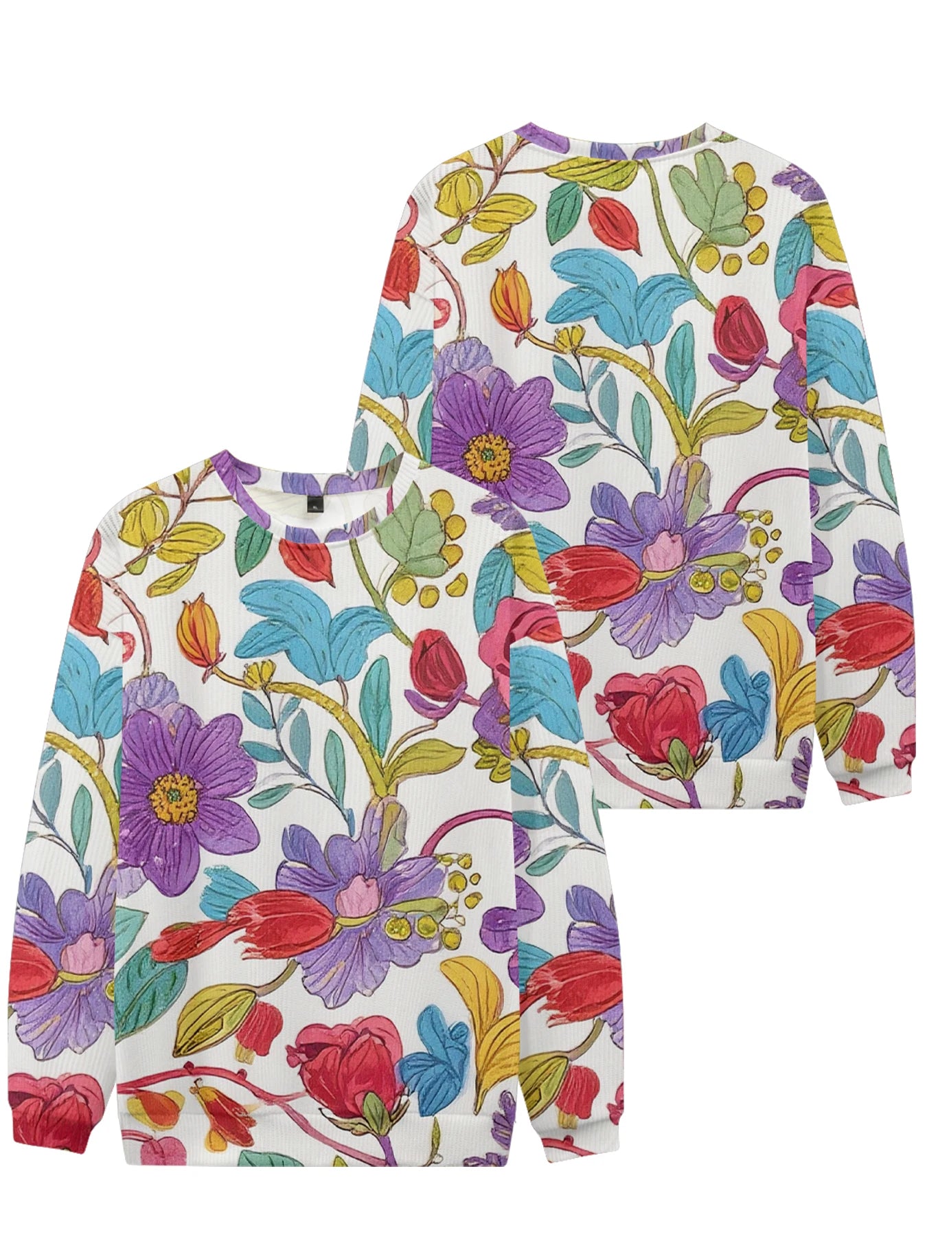 Lebhaftes weißes Rundhals-Sweatshirt mit Blumendruck, vollflächigem botanischen Design mit bunten Blüten und Blättern, lässige Frühlingsmode für Paare