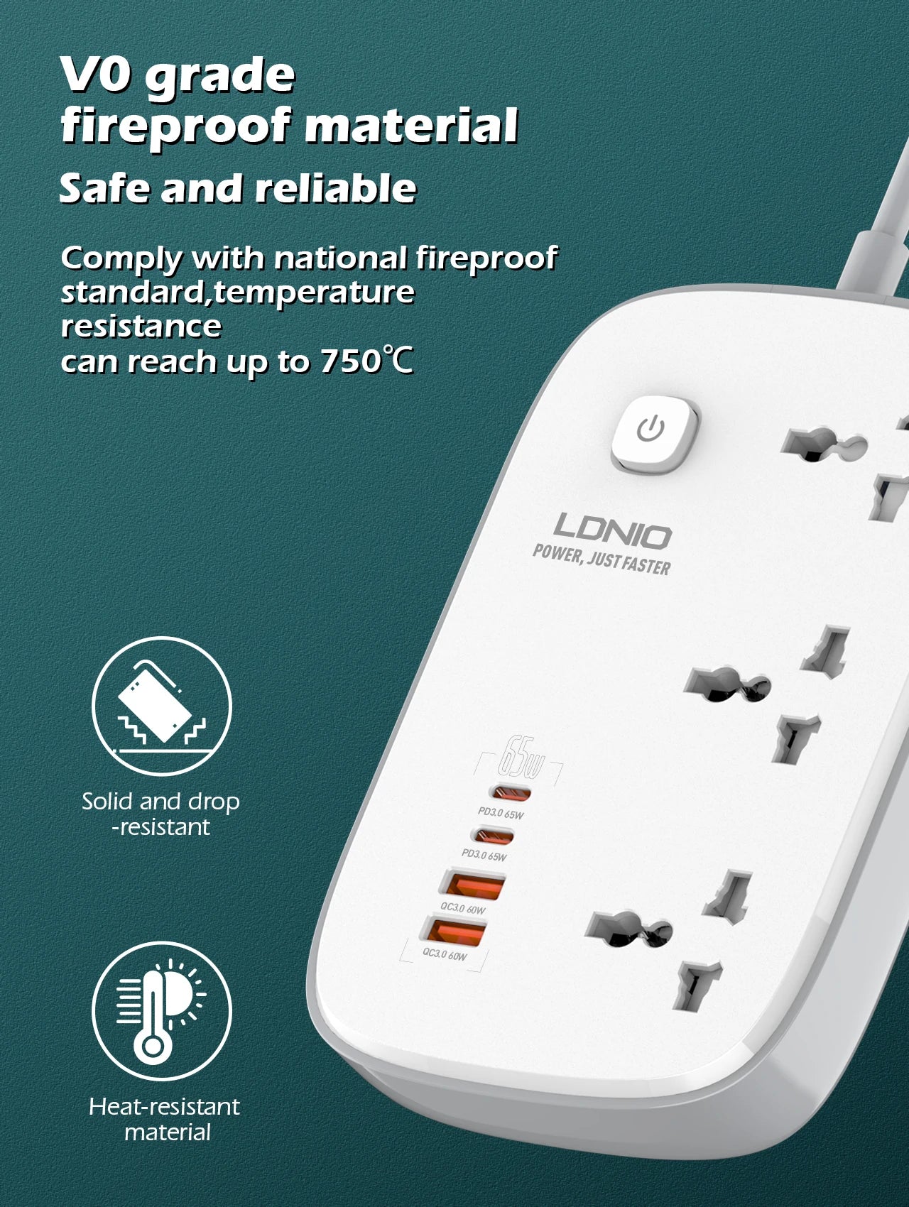 LDNIO 65W Steckdosenleiste mit 3 Universalsteckdosen 4 USB-Anschlüssen, Steckdose mit 2M dickem Verlängerungskabel Überspannungsschutz SC3416