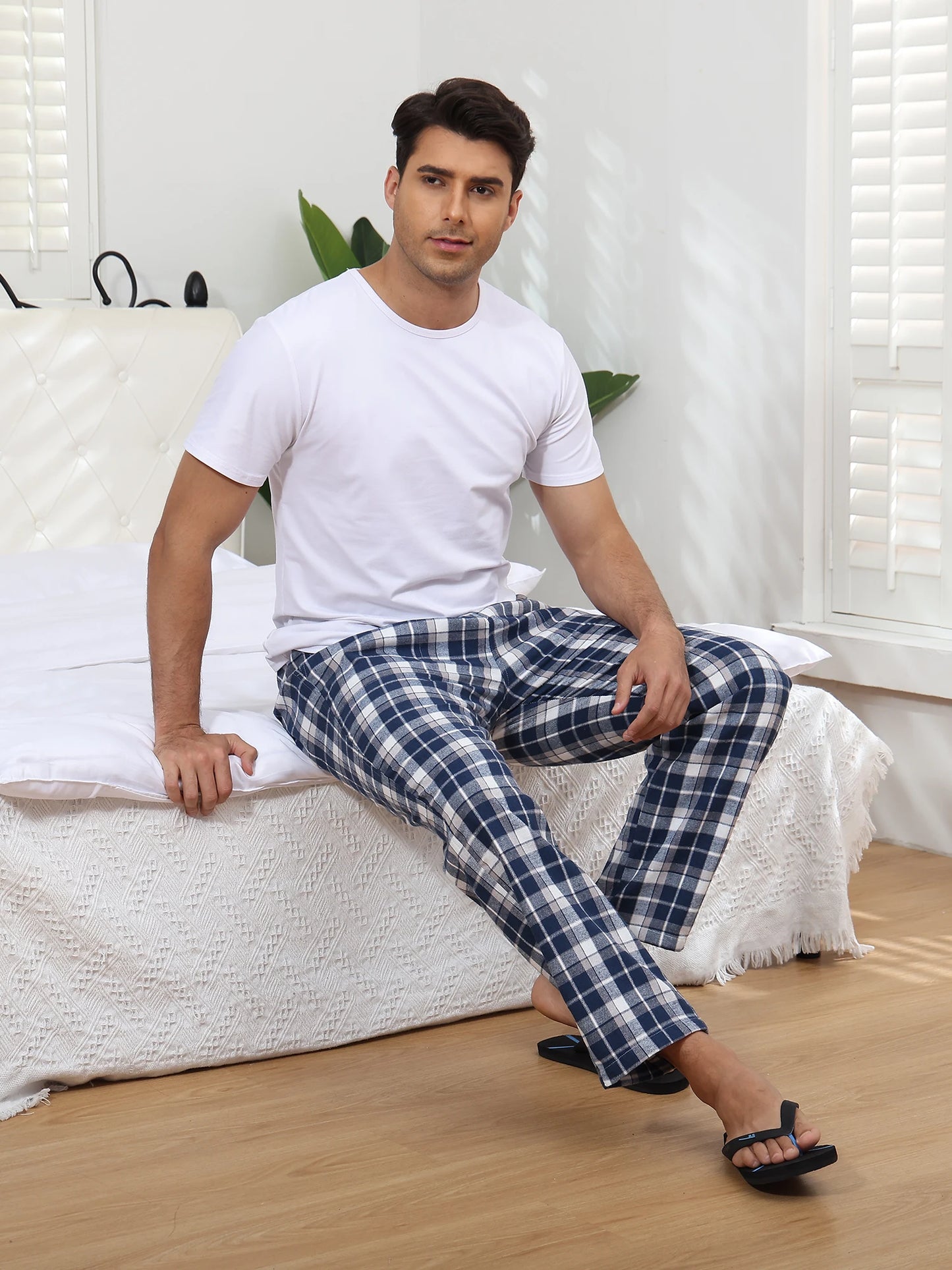 Pyjama Homme 3 Pièces Coton Carreaux, Pantalon de Pyjama Long Carreaux avec Taille Élastique pour Homme