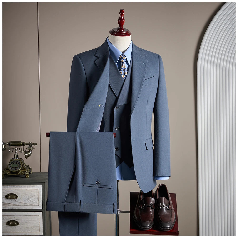 Ensemble de costume trois pièces en laine haut de gamme pour homme, élégant et décontracté, de couleur unie, idéal pour banquets et mariages.