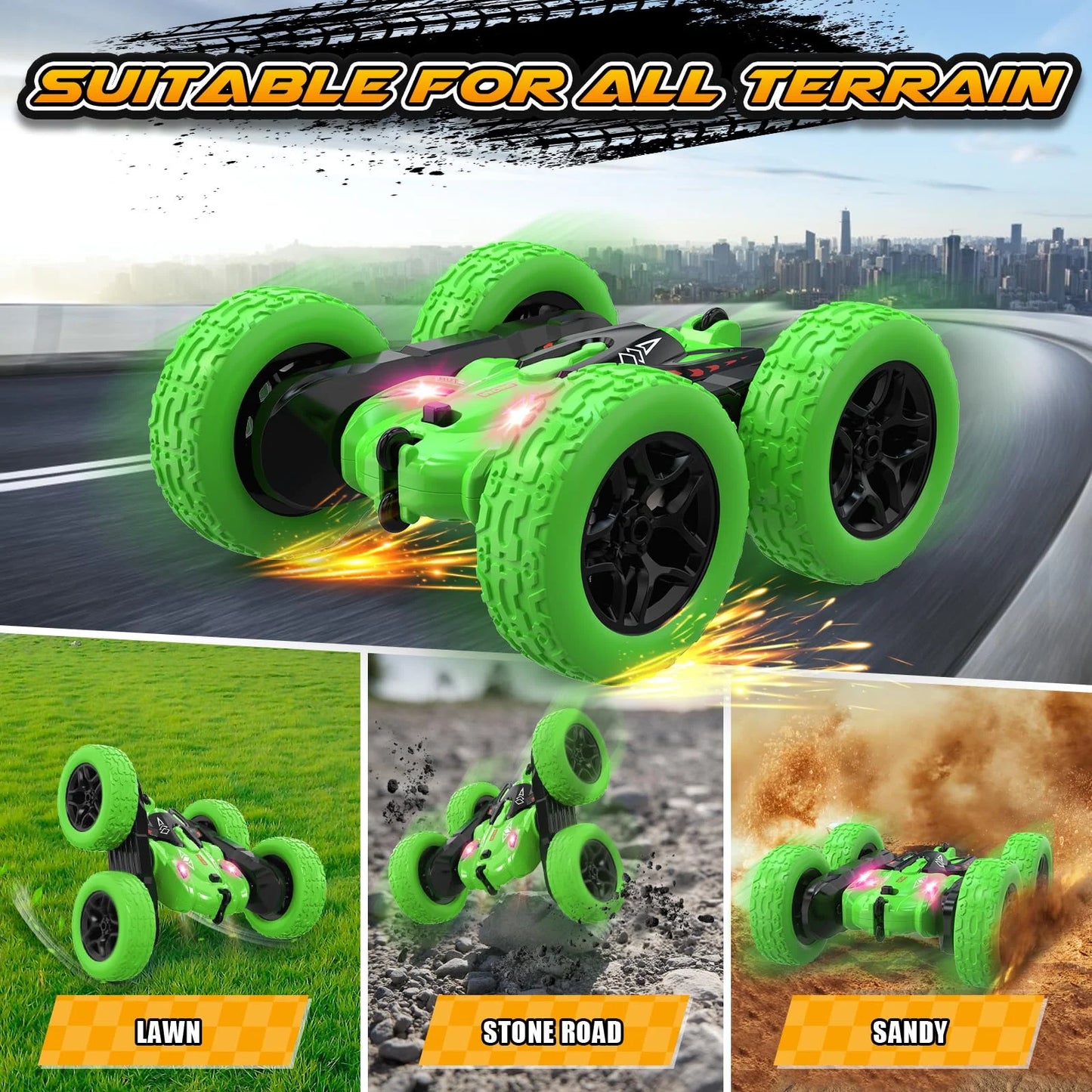 RC Stunt Car 360-Grad-Rotation, 2.4GHz doppelseitig fahrbar, Grün/Lila/Blau, Kinderspielzeug für Outdoor-Spiele