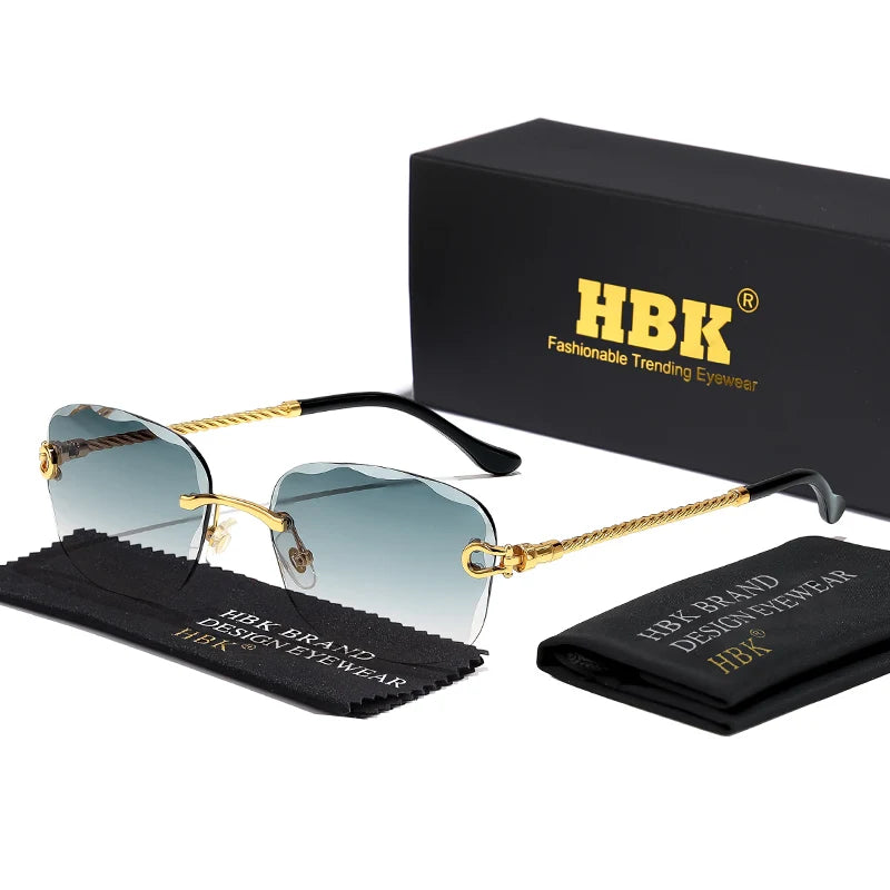 HBK Rahmenlose Metall Sonnenbrille Herren Wellenform geschnitten Sonnenbrille für Damen Reise Shopping Brille UV400 Sommer Stil