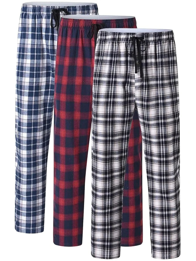 Pyjama Homme 3 Pièces Coton Carreaux, Pantalon de Pyjama Long Carreaux avec Taille Élastique pour Homme