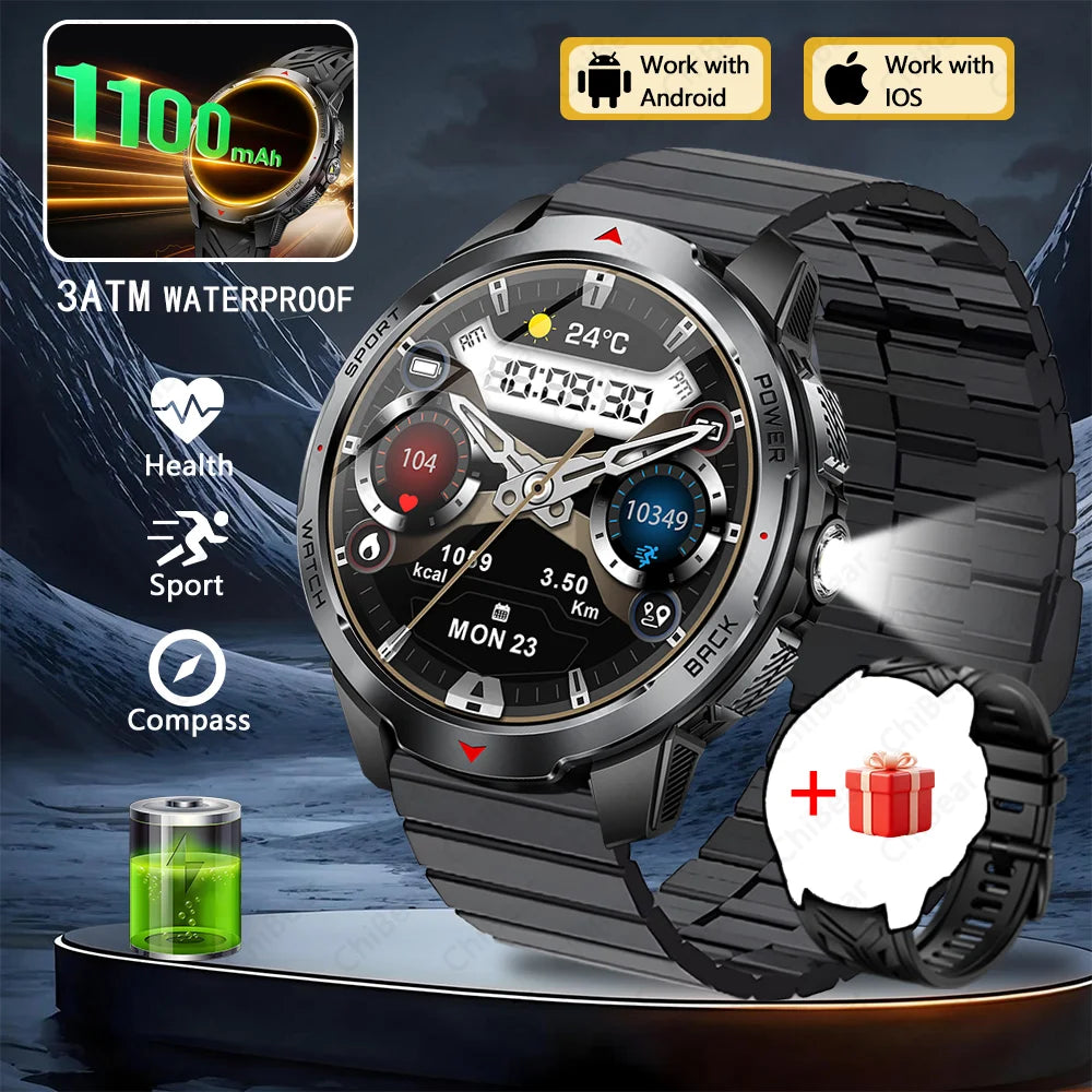 1100mAh Military Outdoor Smart Watch Men 1.7-inch Large Display Compass Sports Watch IP68 Waterproof Bluetooth Call Smartwatch