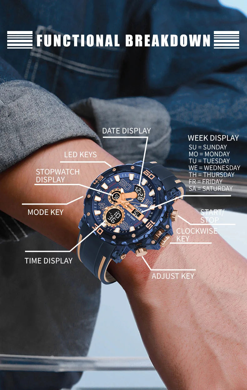 Montres Militaires Hommes Montre 2025 Nouvelle 50M Étanche Chronomètre Alarme Lumière LED Montres Digitales 8136 Montre Sport Homme