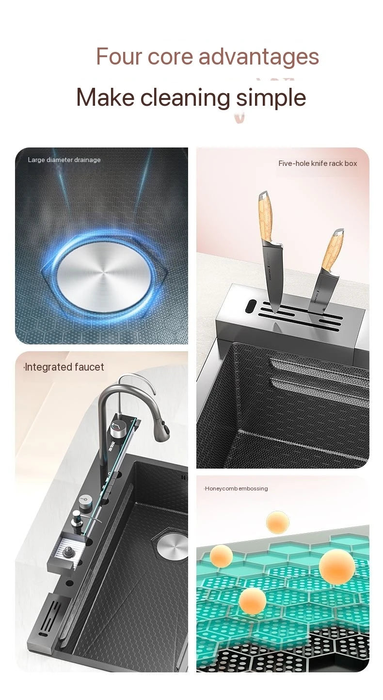 Integrated Waterfall Kitchen Sink Honeycomb Technology Large Digitial Display Stainless Steel Soap Dispenser Cup Washer
