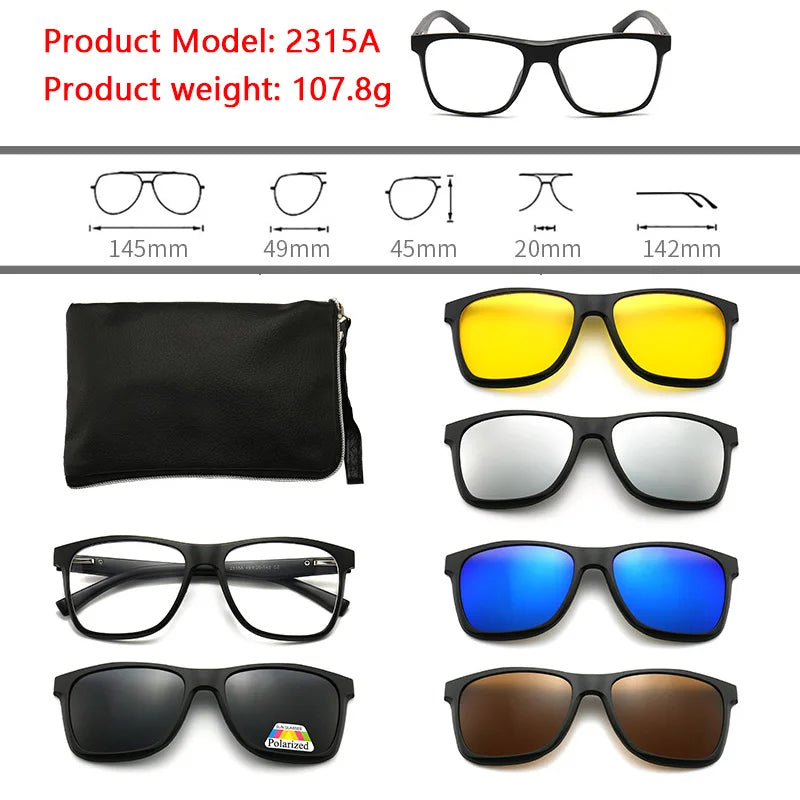 6 In 1 Polarized Sunglasses Men Women Magnetic Clip On Glasses TR90 Optical Prescription Eyeglass Frames Magnet Clips