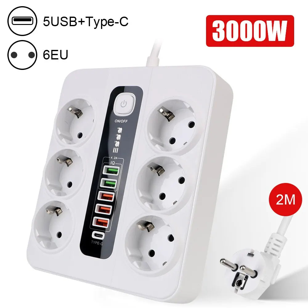 Extension Socket With Safety Switch Power Strip For Office Home EU Plug 3000W 2M Cable Overload Protection USB Type C Ports
