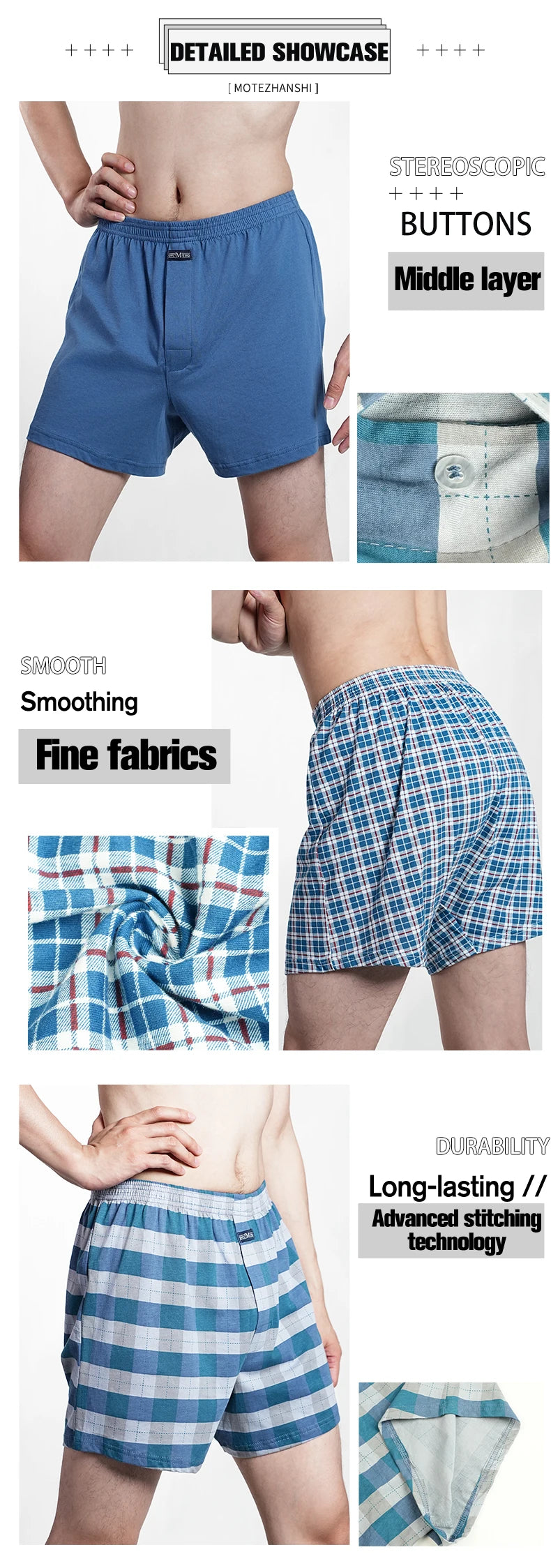 Herren reine Baumwolle Boxershorts Unterwäsche Hohe Taille Große Unterhose Lässiges Karo Übergröße Aro-Hose Pyjamahose für Zuhause M-3XL