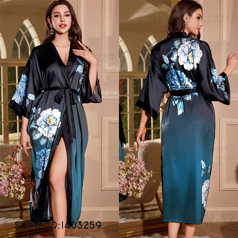 Großer Kimono Bademantel Blütenmuster Langer Morgenmantel Negligé Hauskleidung Frühling Sommer Neue Nachtwäsche Lose Pyjamas
