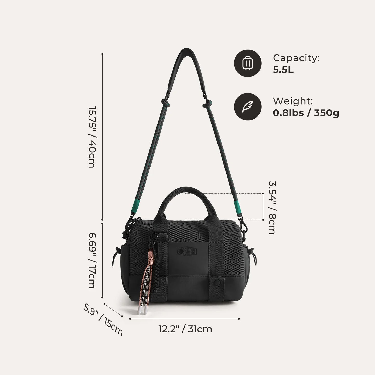 BAGSMART Boston Tasche für Damen, Mini-Reisetasche, Umhängetasche, wasserdicht, mit Nassfach, für Fitnessstudio, Reisen, Alltag, Strand, Wochenendausflug