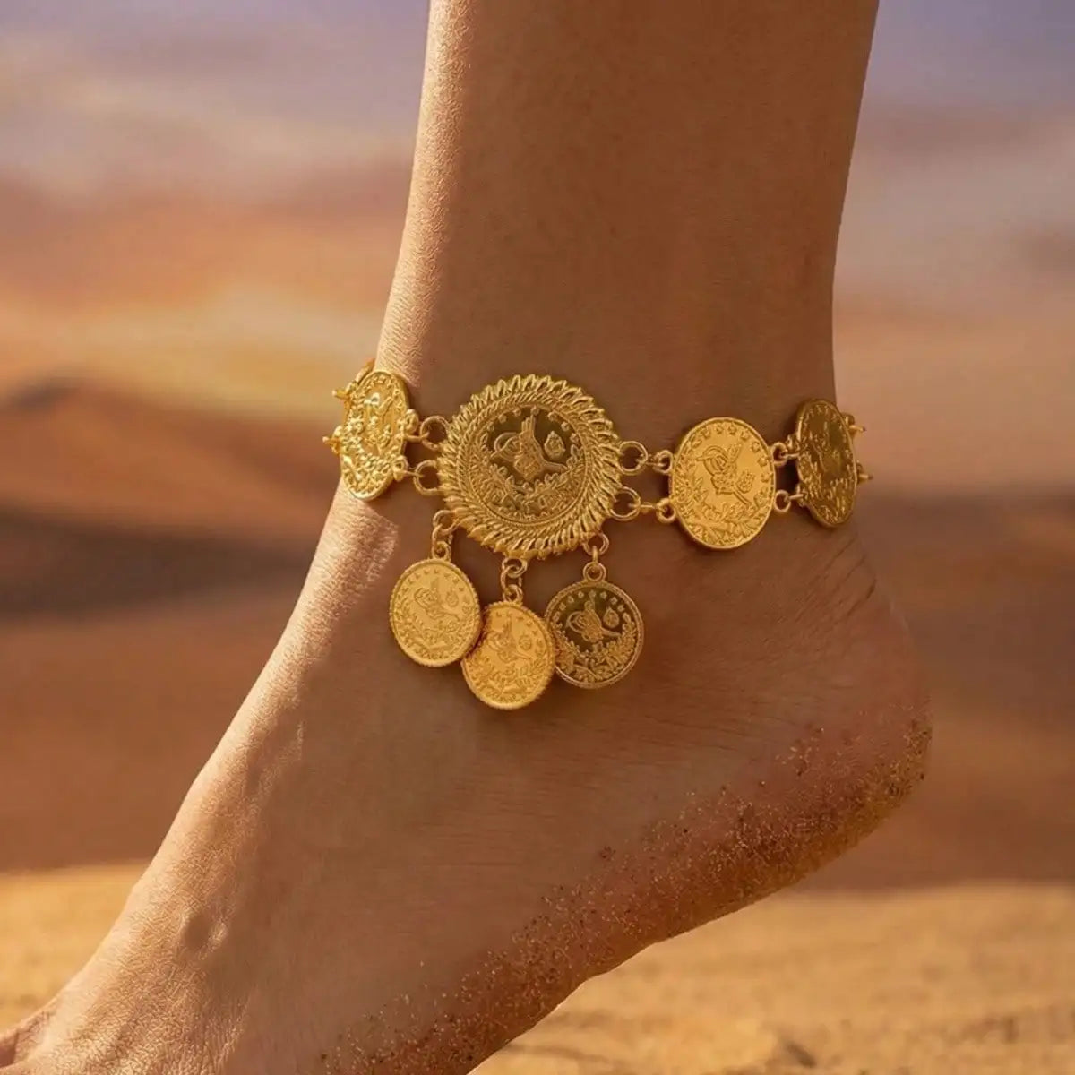 Trendiger Mode Fußkettchen Arabische Goldfarbe Legierung Münze Quaste Fußkette Beinarmbänder für Frauen Strandurlaub Accessoire