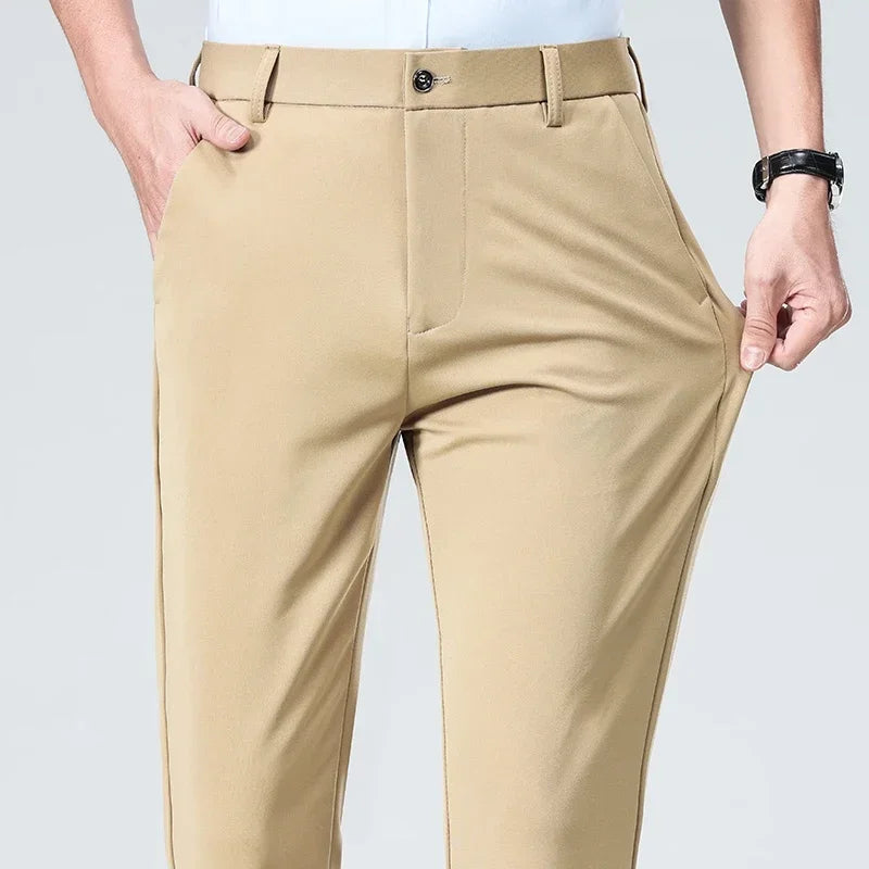 Pantalon Homme Printemps Été Coupe Droite Fin Costume de Ville Habillé Travail Décontracté Business Noir Rouge Vin Pantalon Long
