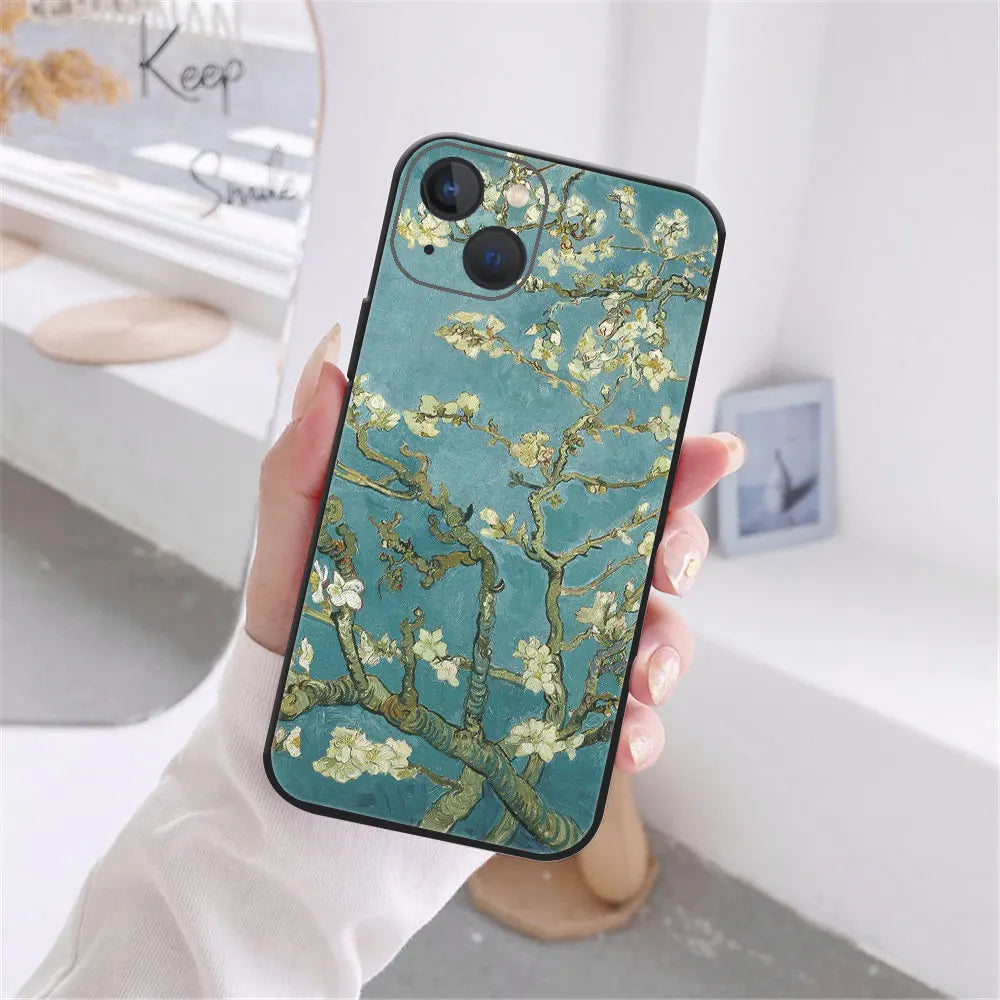 Art Van Gogh Sternenklare Sonnenblume Handyhülle für iPhone 11 12 13 14 15 16 17 Pro Max 17AIR 14 15 16 Plus Schwarze Weiche Silikonhülle