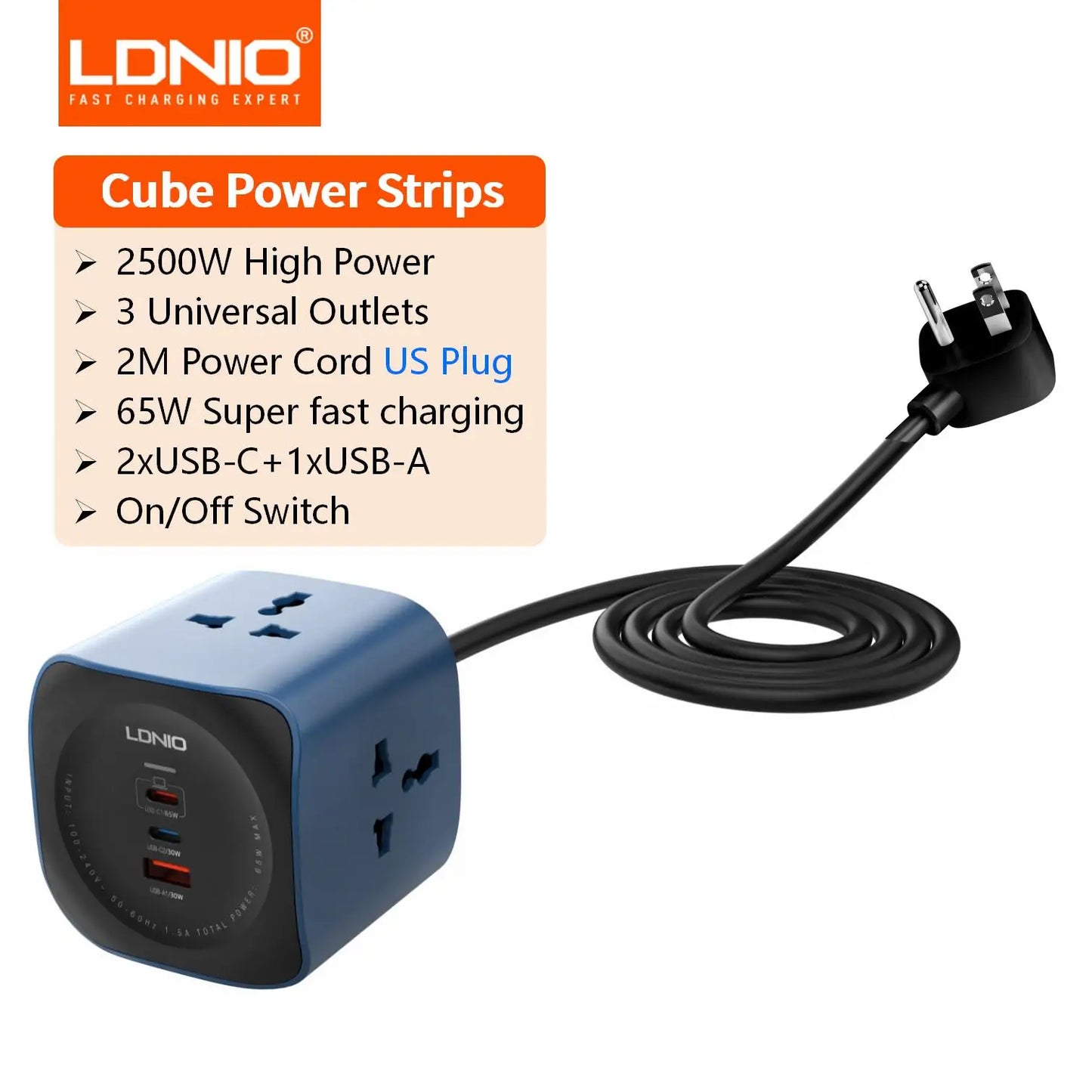Multiprise cube LDNIO 3 prises universelles avec 3 ports USB 65W, protection contre les surtensions 2500W, cordon d'extension de 2m (fiche UK/EU/US) et interrupteur