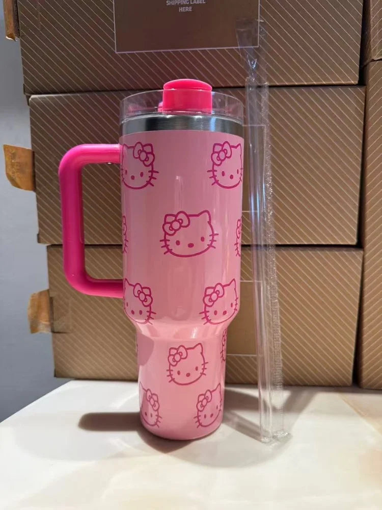 Kawaii Hello Kitty 40oz Edelstahl Vakuumtasse Anime mit Griff Strohhalm Tasse Kaffeetasse mit Verpackungsbox Schnelle Lieferung