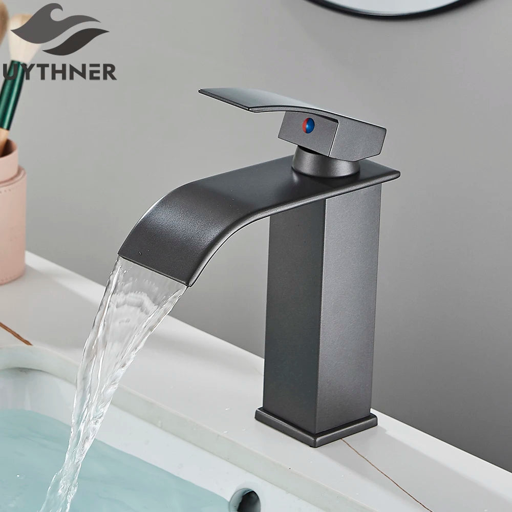 Robinet de Lavabo Doré Brossé, Élégant Robinet Cascade pour Salle de Bain, Mitigeur Monocommande en Laiton à Fixation sur Plan