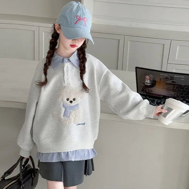 Sweatshirt Mädchen 2025 Neu Faux Zweiteiliger Polo Hoodie Frühling/Herbst Kinder Mittel-Groß Locker Sitzender Cartoon Welpen Top