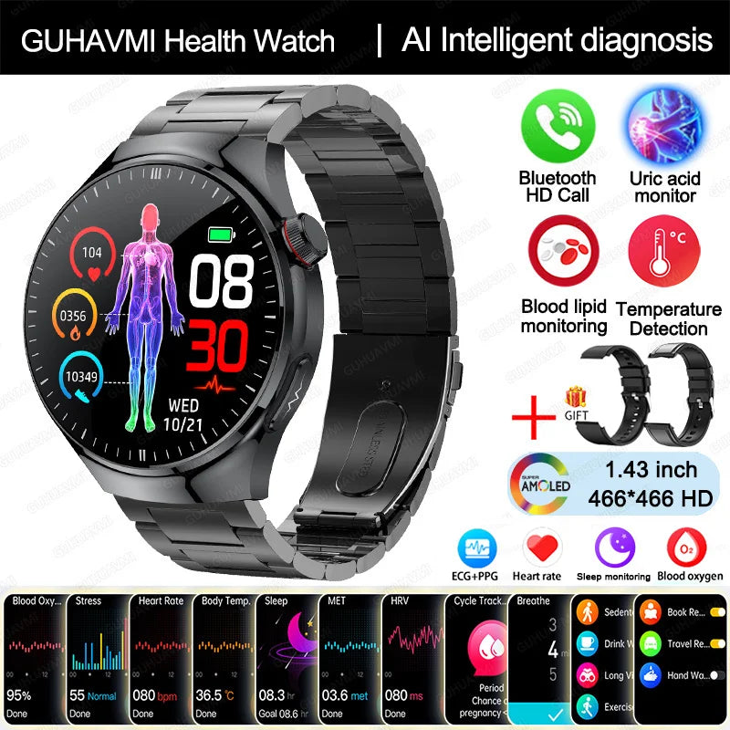 Montre Intelligente de Soins Infirmiers 2025 Montre connectée Santé, oxygène sanguin, lipides sanguins, acide urique, ECG+PPG, température corporelle, appel Bluetooth