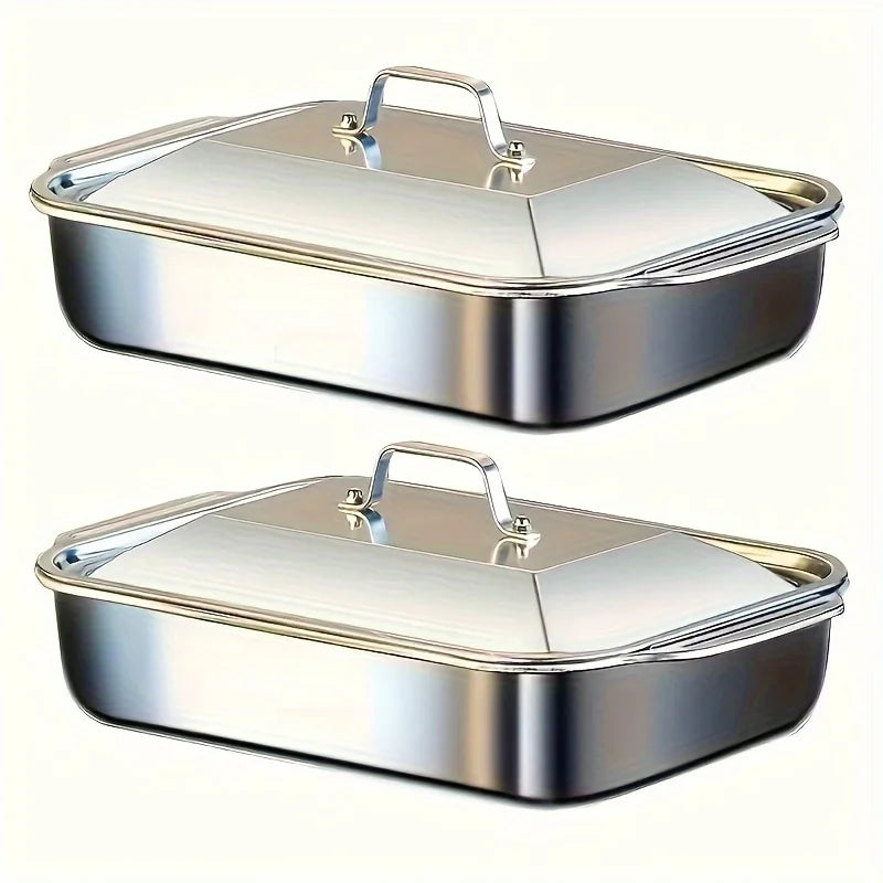 Ensemble de 4 plats de cuisson en acier inoxydable avec couvercles - Plat profond de 40 x 23 cm pour poisson/pâtes/grillades, compatible four et lave-vaisselle, 4,2 L
