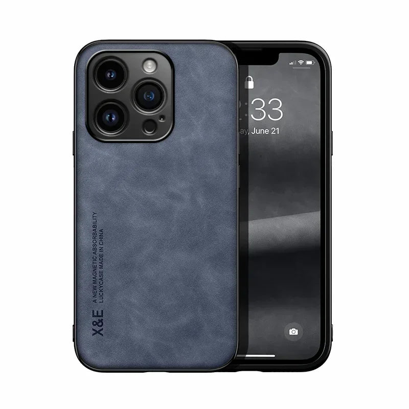Étui en cuir de luxe pour iPhone 17 16 16e 15 14 13 12 11 Pro Max Plus 12 13 Mini SE 8 7 Housse avec plaque métallique support voiture