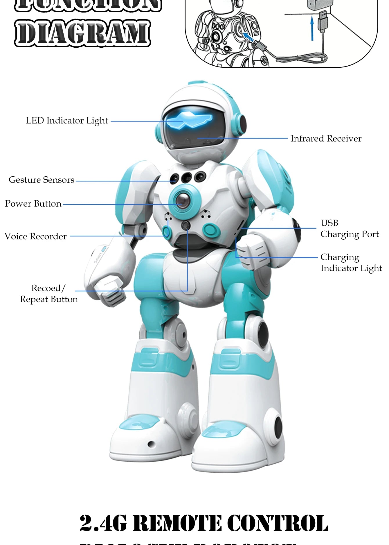 2.4G Remote Controlled Robot, Intelligent Programming Gesture Sensing, Dancing Singing Puzzle Toys Excluding regular batteries