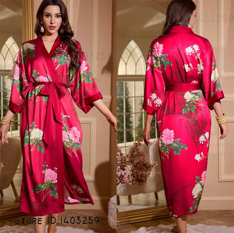 Großer Kimono Bademantel Blütenmuster Langer Morgenmantel Negligé Hauskleidung Frühling Sommer Neue Nachtwäsche Lose Pyjamas