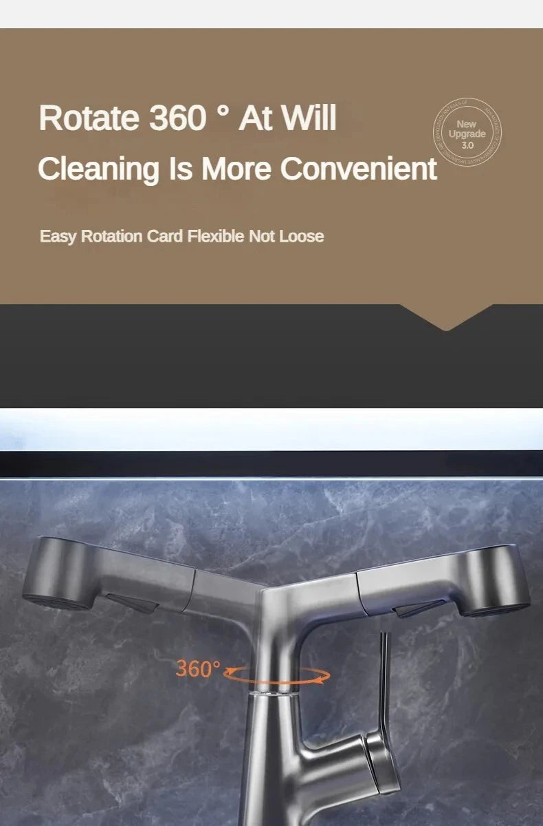 Pull Out Lift Kitchen Faucet 360° Rotatable Bathroom Basin Faucet Stainless Steel Kitchen Sink Faucet with Pull Out Sprayer