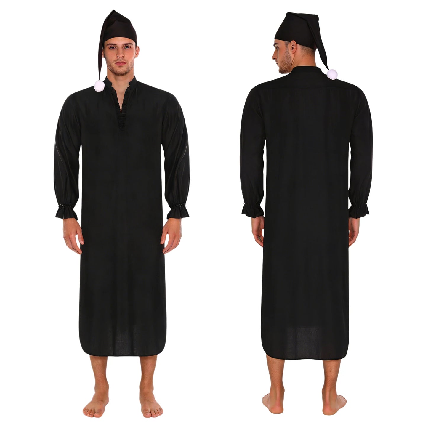 Herren Vintage Nachthemd Schlafanzug mit Schlafmütze V-Ausschnitt Rüschenbesatz Langarm mit Kordelzugbündchen Lockeres Schlafkleid