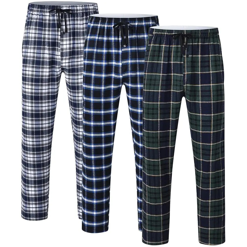 Pyjama Homme 3 Pièces Coton Carreaux, Pantalon de Pyjama Long Carreaux avec Taille Élastique pour Homme