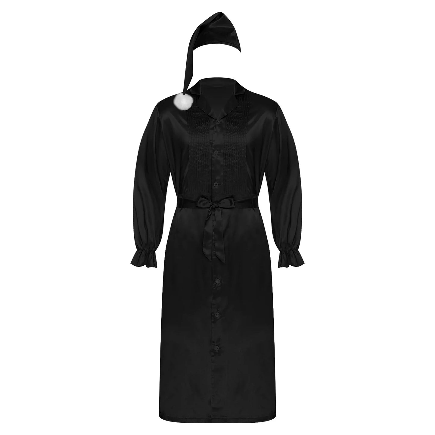 Herren Sissy Pyjama Satin-Nachtwäsche Nachthemd mit Schlafhaube Langarm Rüschenmanschetten Plissierter Brustumhang mit Gürtel Vintage