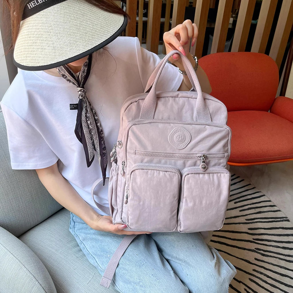 Fashion Multi-pocket Woman's Backpack Soft Handle Solid Color Nylon Travel Backpack Lightweight Casual School Backpacks