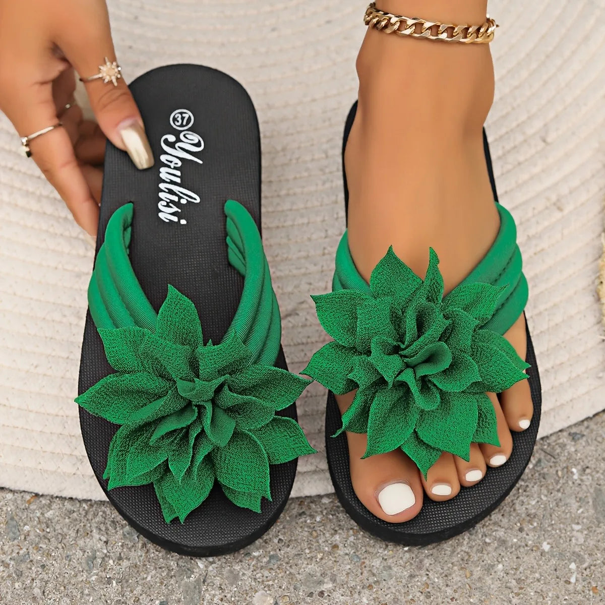 Damen geblümte Flip-Flops Slip-On Urlaub Stil Mittelhohe Absatz Sandalen Stoff Obermaterial EVA Sohle Innensohle Einfarbig Sommer Freizeit Schuhe