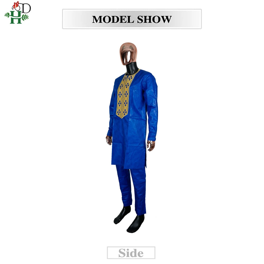 H&D Nouveaux Vêtements Africains pour Hommes Tradition Vêtements Broderie Bleu Ensemble 2 Pièces Haut Pantalon Bazin Musulman Mariage Fête Dashiki
