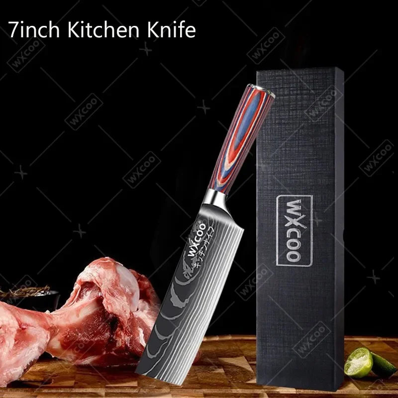 Professional Kitchen Chef's Knife Damascus Japanese Santoku Slicing Knife Meat Cleaver Stainless Steel Butcher Knife with Box