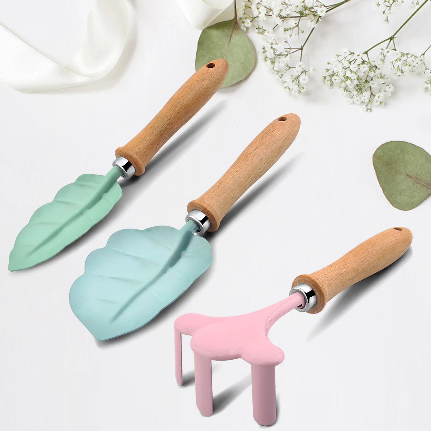 Petit kit d'outils de jardinier, coloré, sûr, avec manche en bois, pelle, râteau, fourche, ensemble de cadeaux de jardinage pour enfants et filles