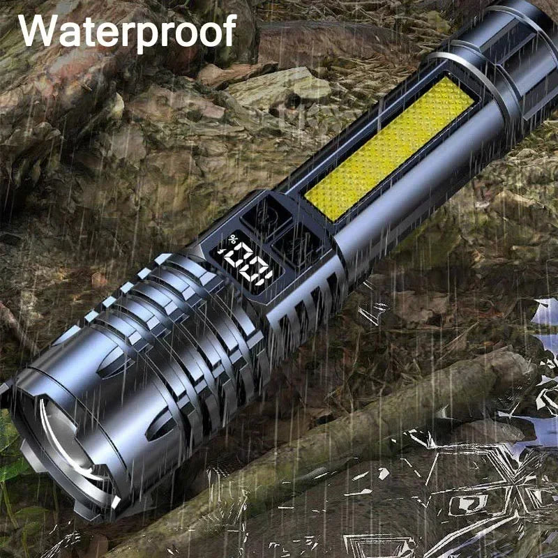 Powerful LED Flashlight Type C Rechargeable Waterproof Torch with Side Light 5 Modes Zoomable Lamp for Camping Fishing Lantern