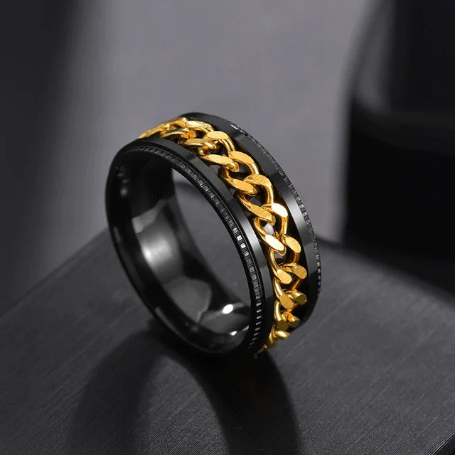 Western Fashion Simple Design Rotatable Chain Ring Silver Black Gold Color Titanium Steel Rings For Men Women