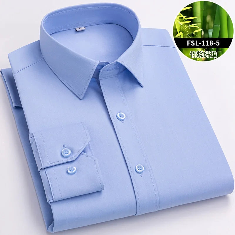 Chemise de Travail Blanche Homme en Fibre de Bambou Bleue 8XL Manches Longues Bureau Affaires Anti-rides Infroissable Décontractée
