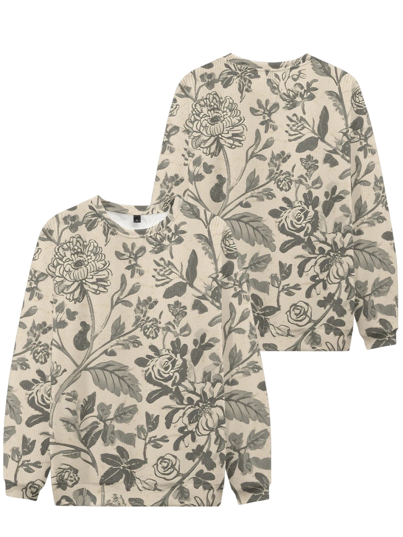 Lebhaftes weißes Rundhals-Sweatshirt mit Blumendruck, vollflächigem botanischen Design mit bunten Blüten und Blättern, lässige Frühlingsmode für Paare