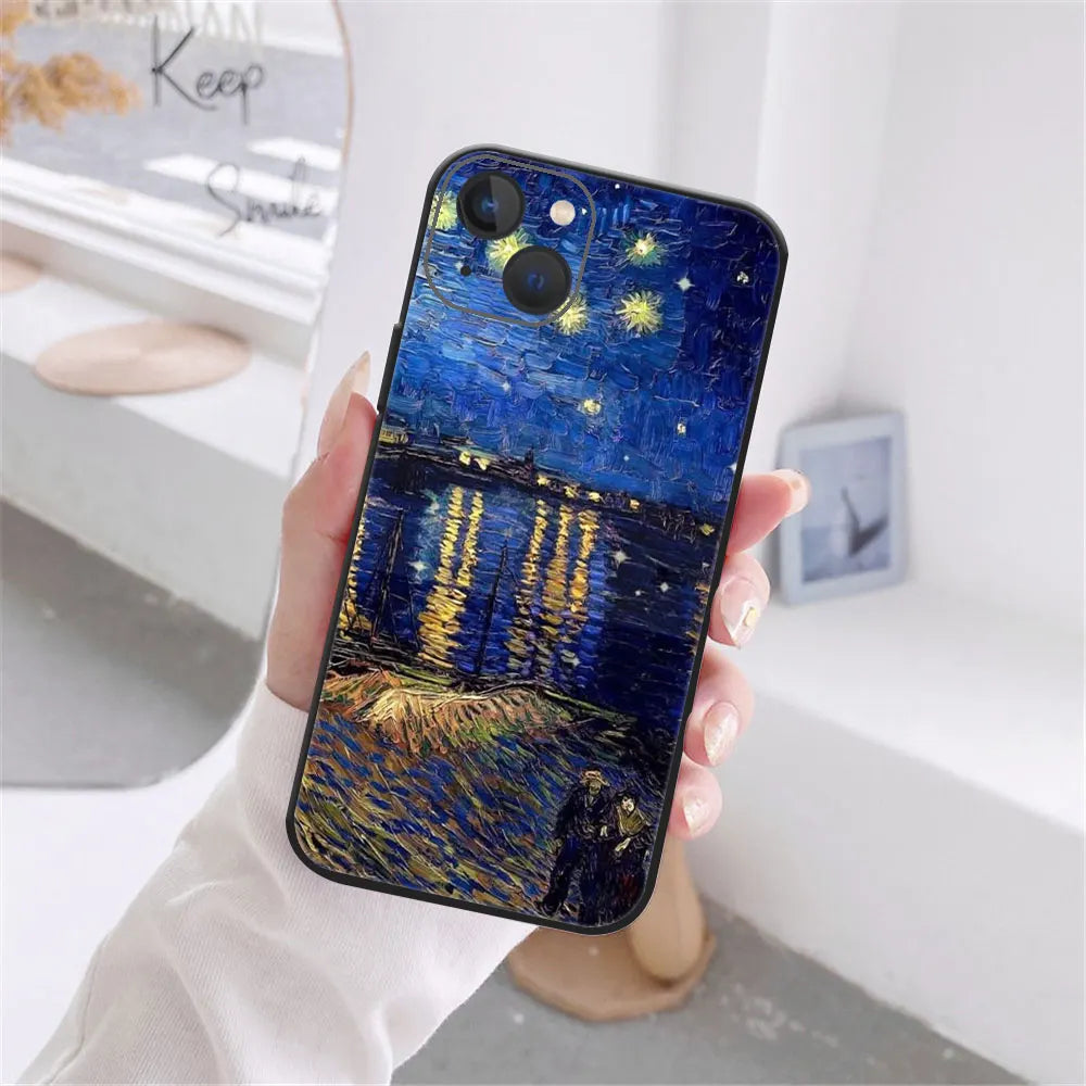 Art Van Gogh Sternenklare Sonnenblume Handyhülle für iPhone 11 12 13 14 15 16 17 Pro Max 17AIR 14 15 16 Plus Schwarze Weiche Silikonhülle