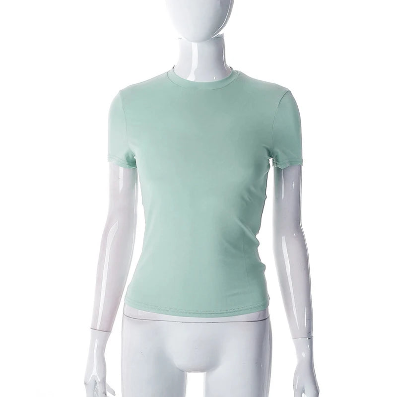 2025 Printemps Nouveau T-shirt à Manches Courtes Femme Uni Simple Décontracté Doux Polyvalent Chaud Basique Crop Tops Tees Mode d'Été
