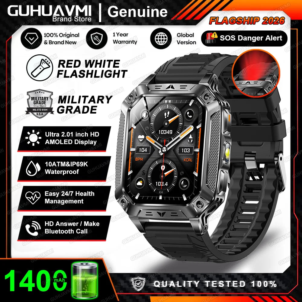 Montre connectée homme 2026 avec batterie ultra-large intégrée de 1400 mAh, GPS extérieur, écran AMOLED de 2,01", étanche 10 ATM, appel BT