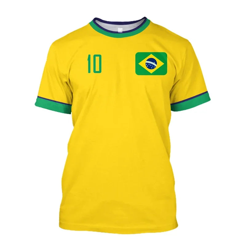 T-shirts de football Brésil Simples Mode d'été Manches courtes T-shirts imprimés drapeau brésilien 3D Hauts de sport décontractés Vêtements pour hommes