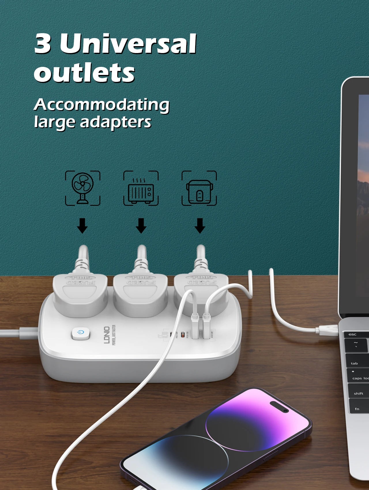 LDNIO 65W Steckdosenleiste mit 3 Universalsteckdosen 4 USB-Anschlüssen, Steckdose mit 2M dickem Verlängerungskabel Überspannungsschutz SC3416