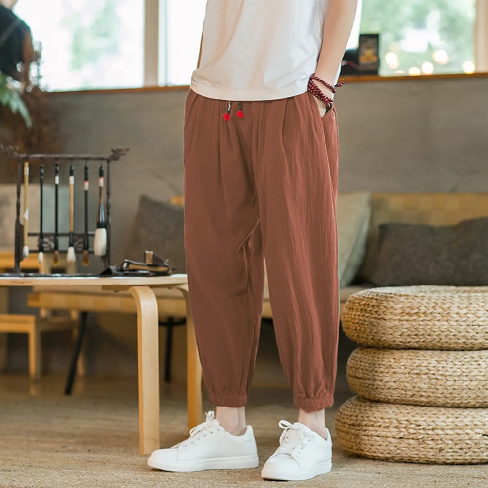 Pantalon Sarouel Homme Coton et Lin Décontracté Ample Grande Taille Pantalon de Plage Style Chinois Large Joggers Homme Été