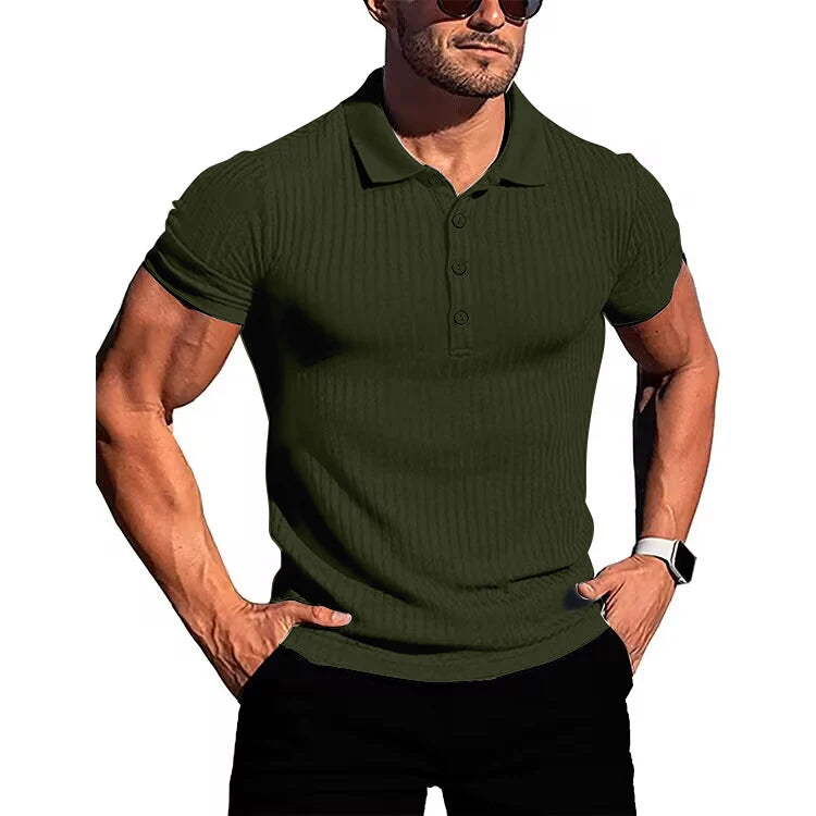 Herren Lauf-Sport-Fitnessbekleidung Sommer hochelastisches, vertikales Kurzarm-Polo-Shirt schlankes Strick-Basis-Shirt
